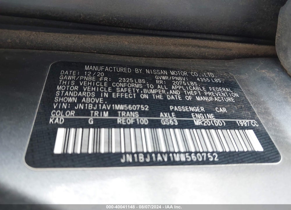 2021 NISSAN ROGUE SPORT S FWD XTRONIC CVT VIN: JN1BJ1AV1MW560752