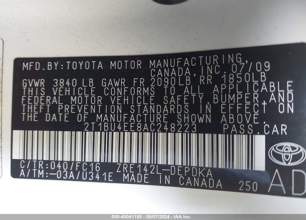 2010 TOYOTA COROLLA LE VIN: 2T1BU4EE8AC248223