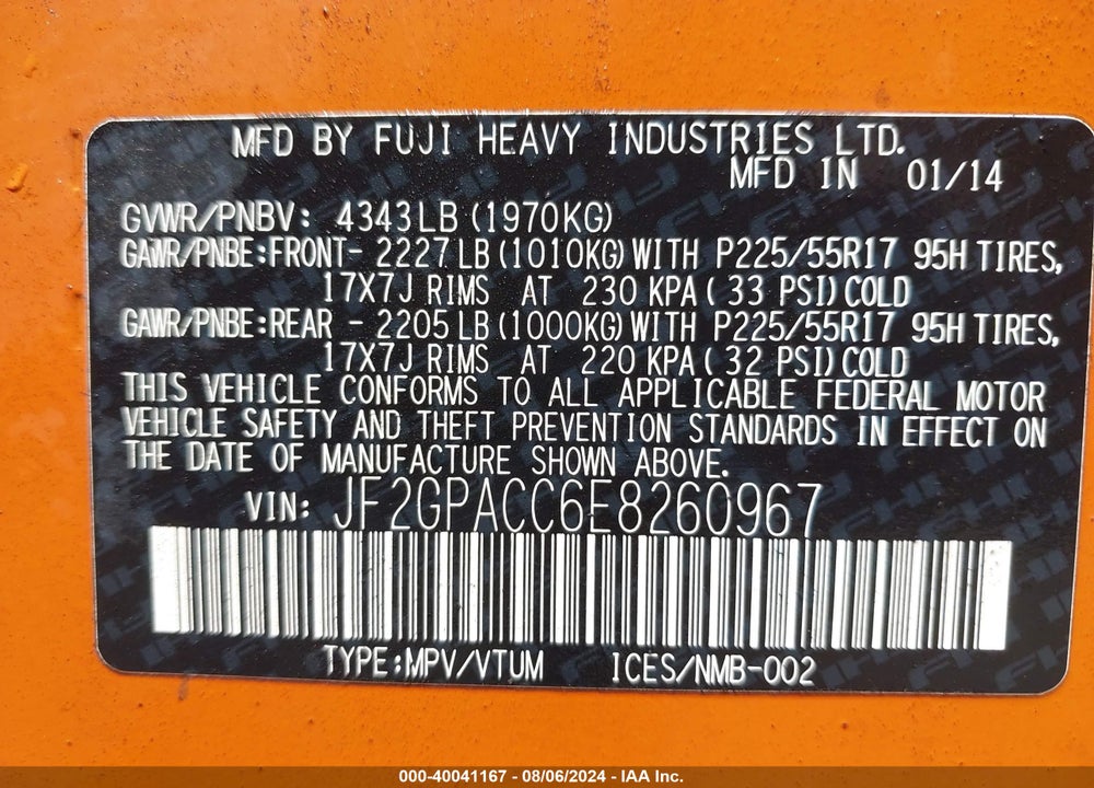 2014 SUBARU XV CROSSTREK 2.0I PREMIUM VIN: JF2GPACC6E8260967
