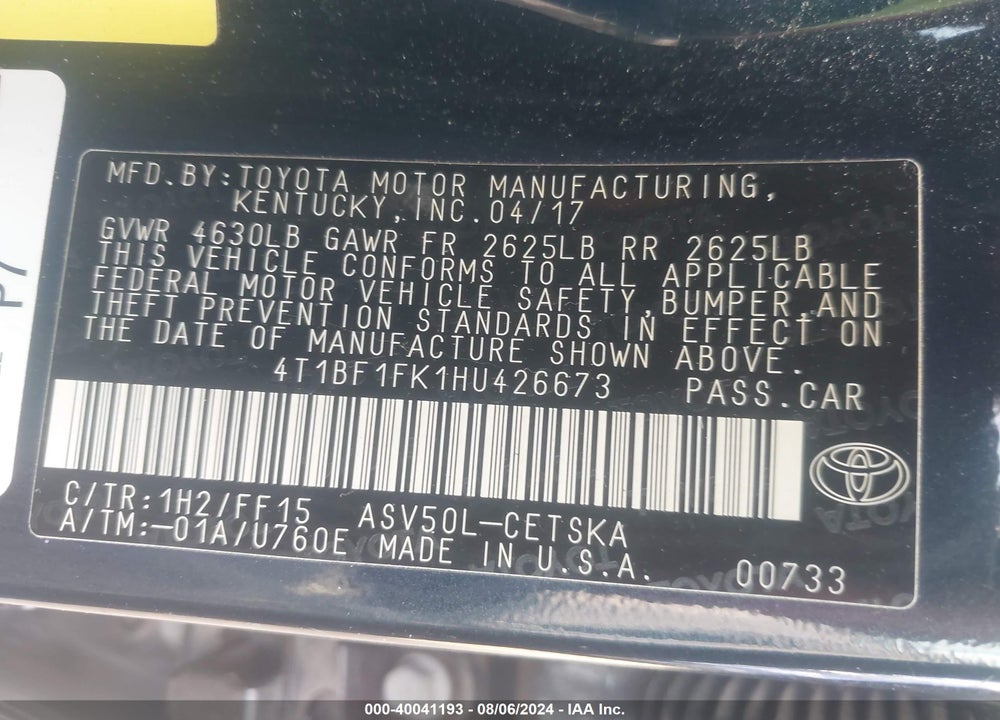 2017 TOYOTA CAMRY VIN: 4T1BF1FK1HU426673