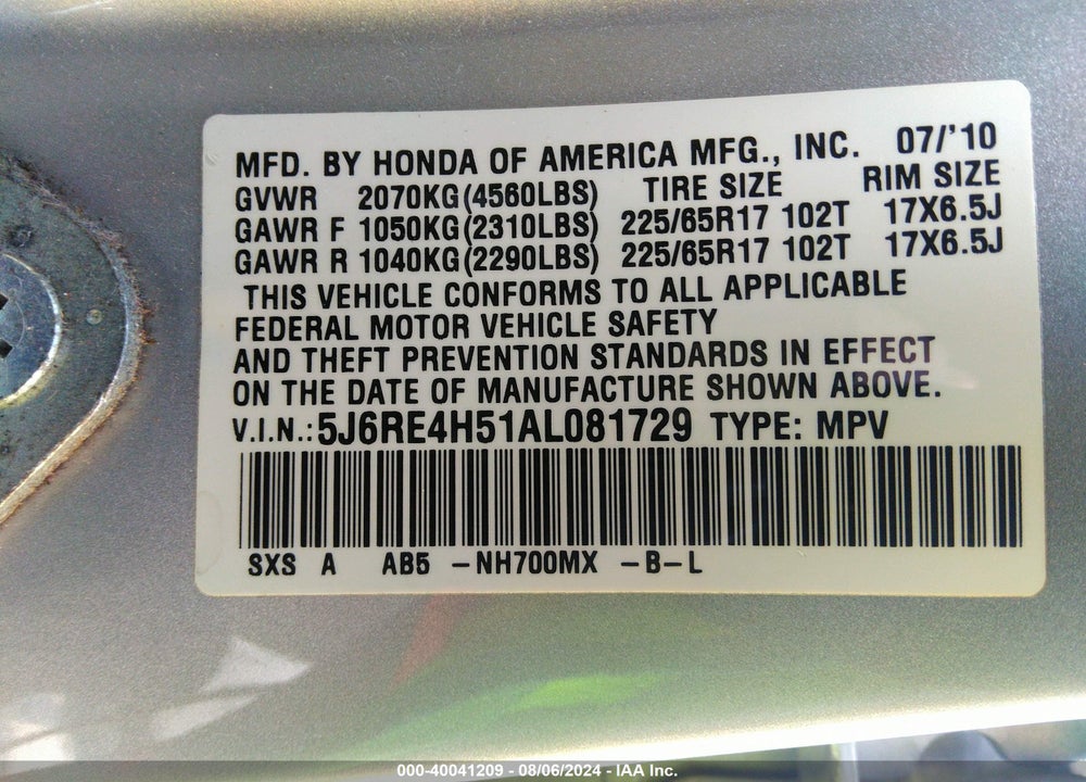 2010 HONDA CR-V EX VIN: 5J6RE4H51AL081729