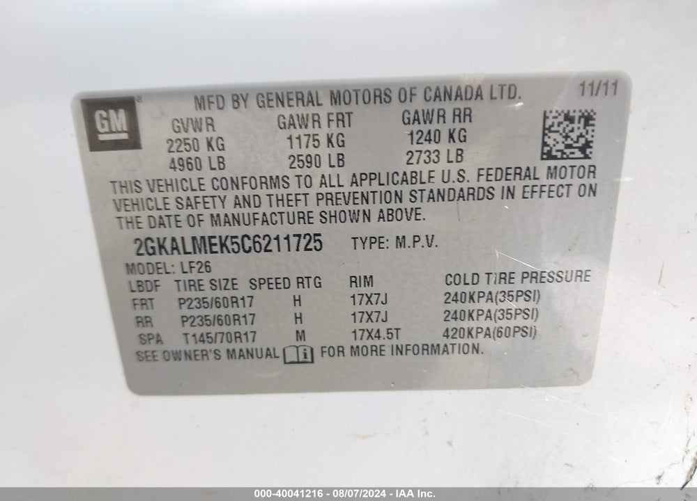 2012 GMC TERRAIN SLE-1 VIN: 2GKALMEK5C6211725