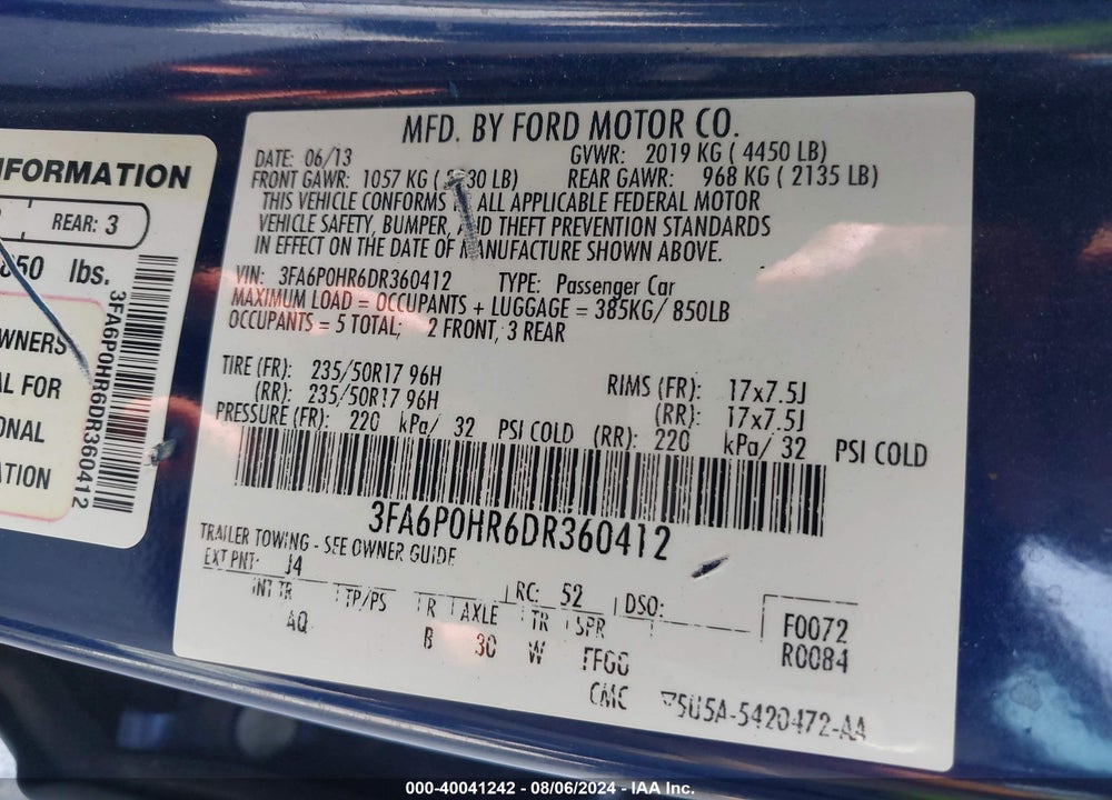 2013 FORD FUSION SE VIN: 3FA6P0HR6DR360412