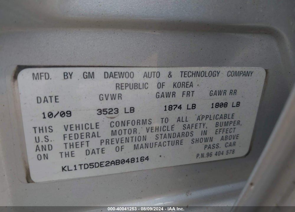 2010 CHEVROLET AVEO LT VIN: KL1TD5DE2AB048164