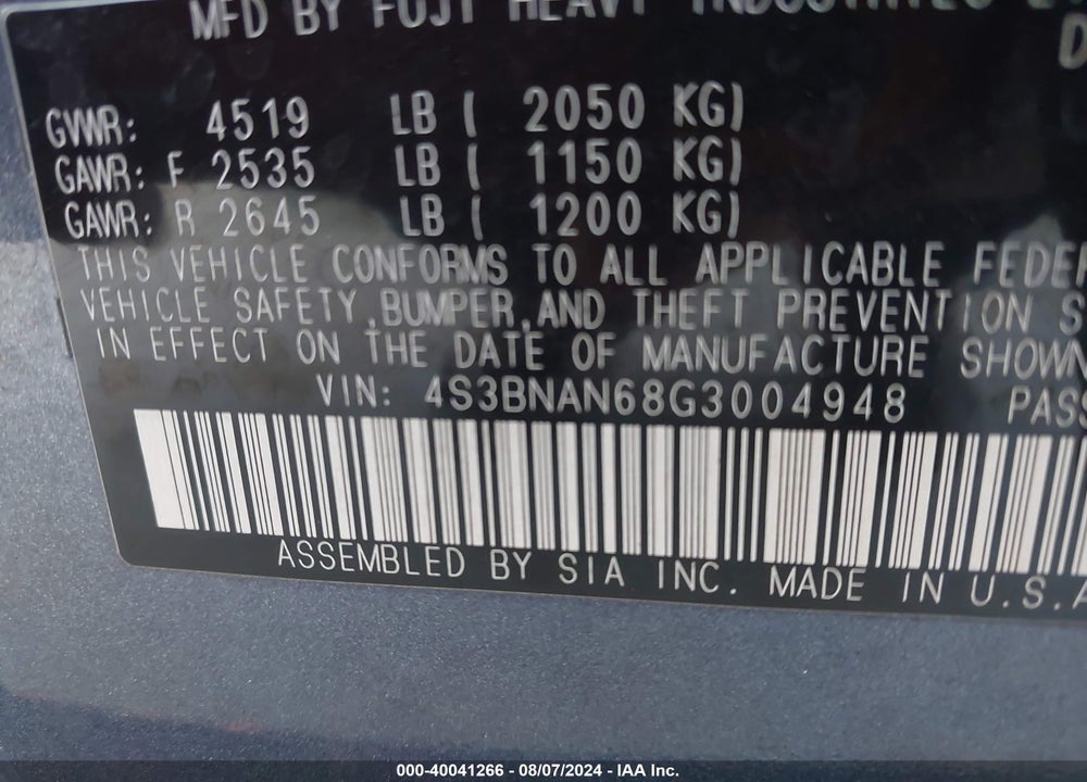 2016 SUBARU LEGACY 2.5I LIMITED VIN: 4S3BNAN68G3004948