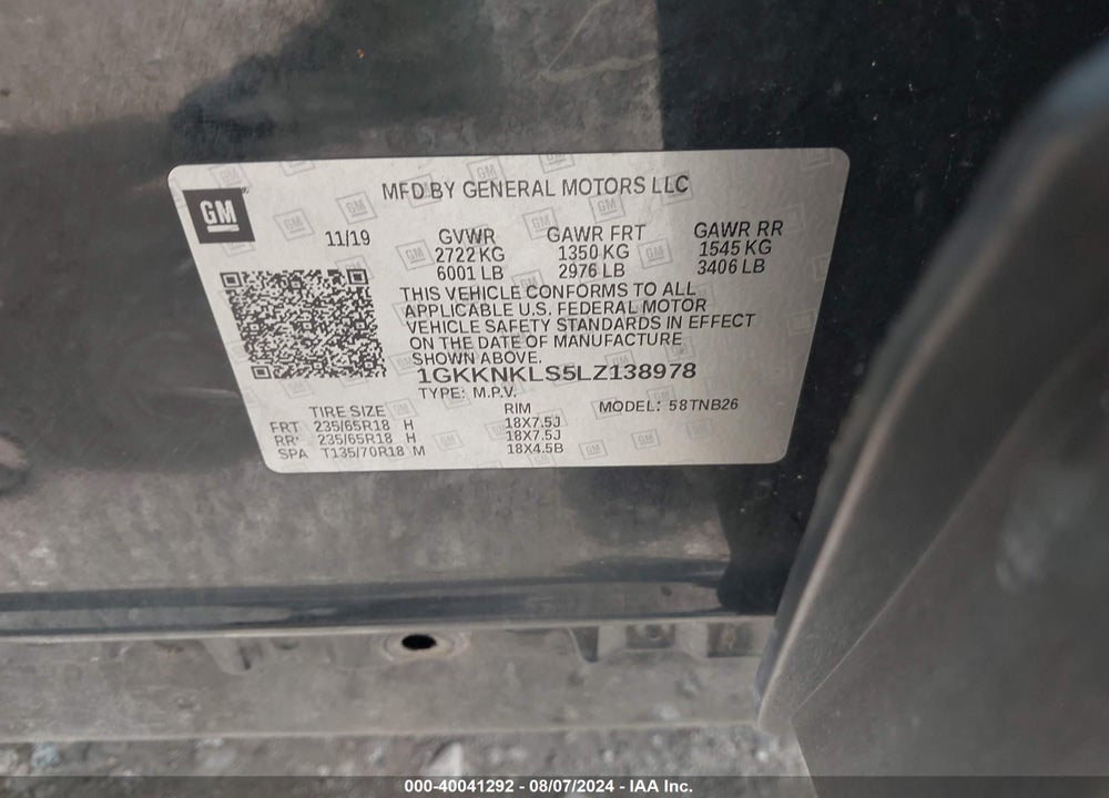 2020 GMC ACADIA FWD SLE VIN: 1GKKNKLS5LZ138978