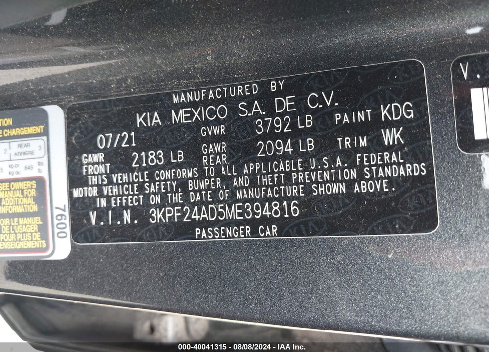 2021 KIA FORTE FE VIN: 3KPF24AD5ME394816