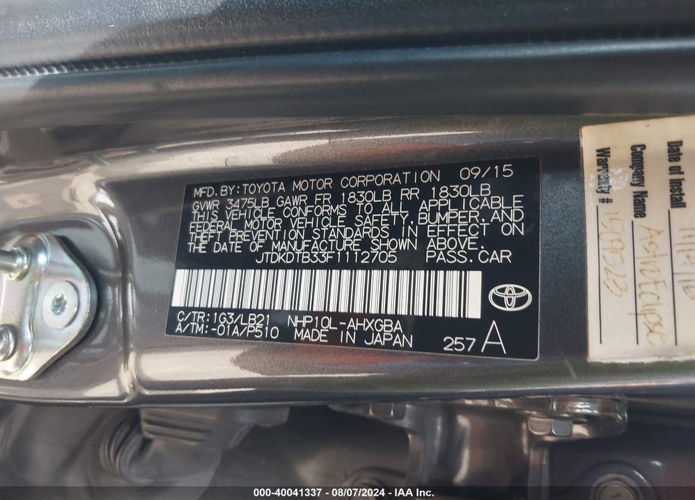 2015 TOYOTA PRIUS C FOUR VIN: JTDKDTB33F1112705