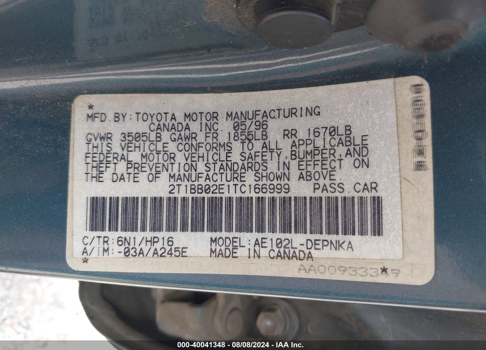 1996 TOYOTA COROLLA DX VIN: 2T1BB02E1TC166999