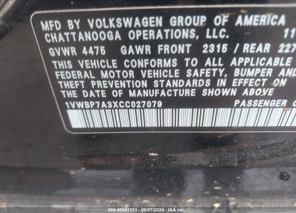 2012 VOLKSWAGEN PASSAT 2.5L SE VIN: 1VWBP7A3XCC027079