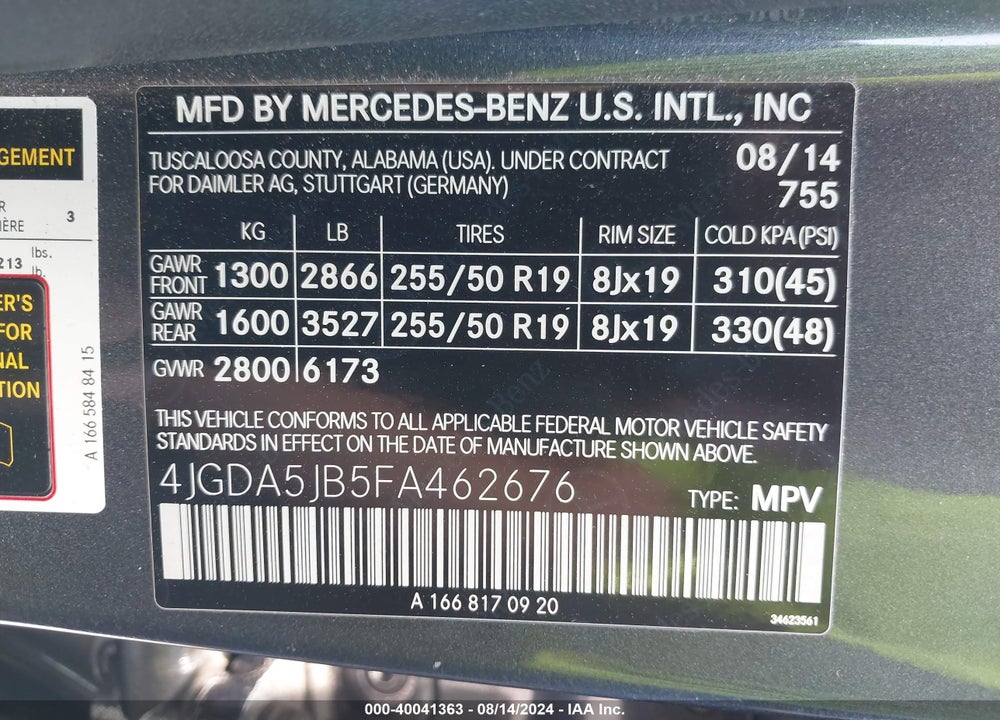 2015 MERCEDES-BENZ ML 350 VIN: 4JGDA5JB5FA462676