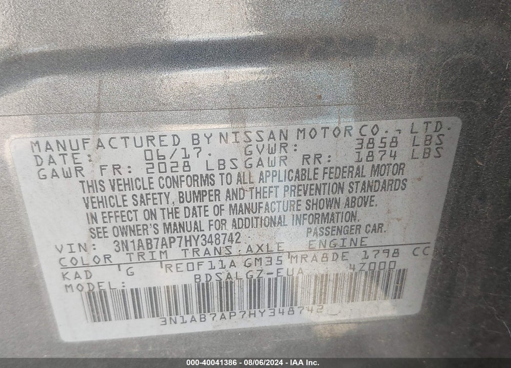 2017 NISSAN SENTRA SL VIN: 3N1AB7AP7HY348742