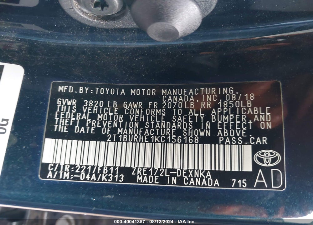 2019 TOYOTA COROLLA LE VIN: 2T1BURHE1KC156168