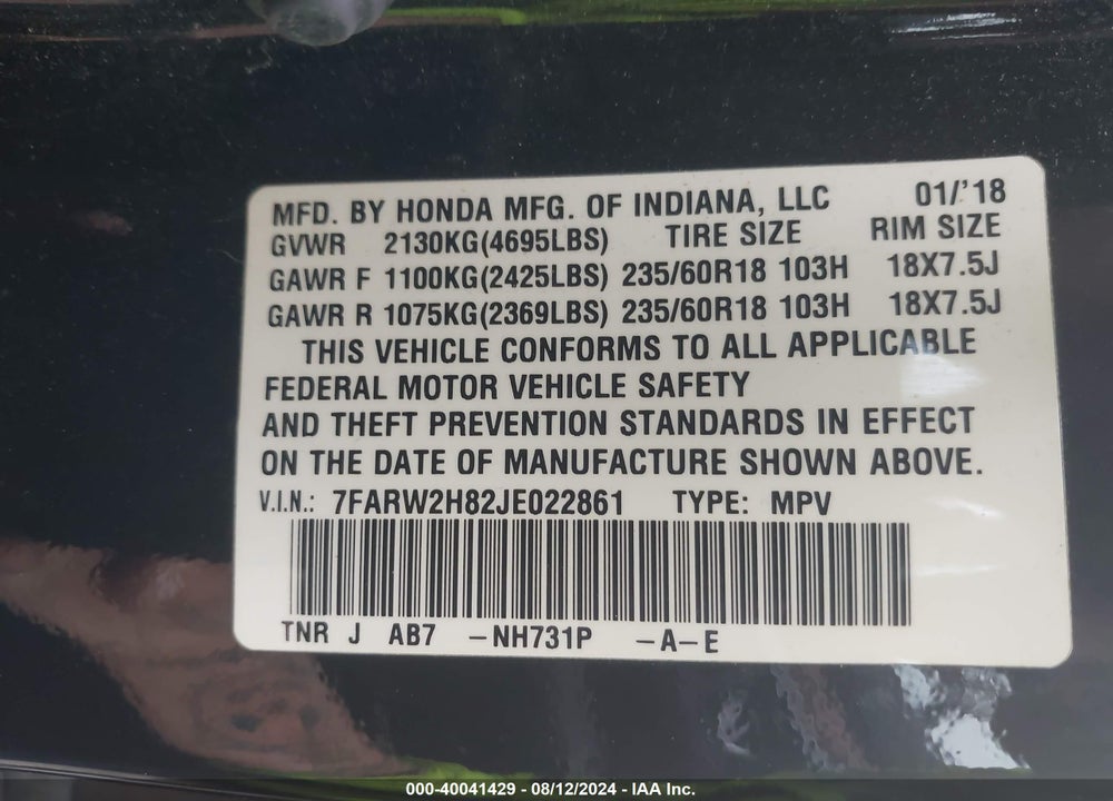 2018 HONDA CR-V EX-L/EX-L NAVI VIN: 7FARW2H82JE022861