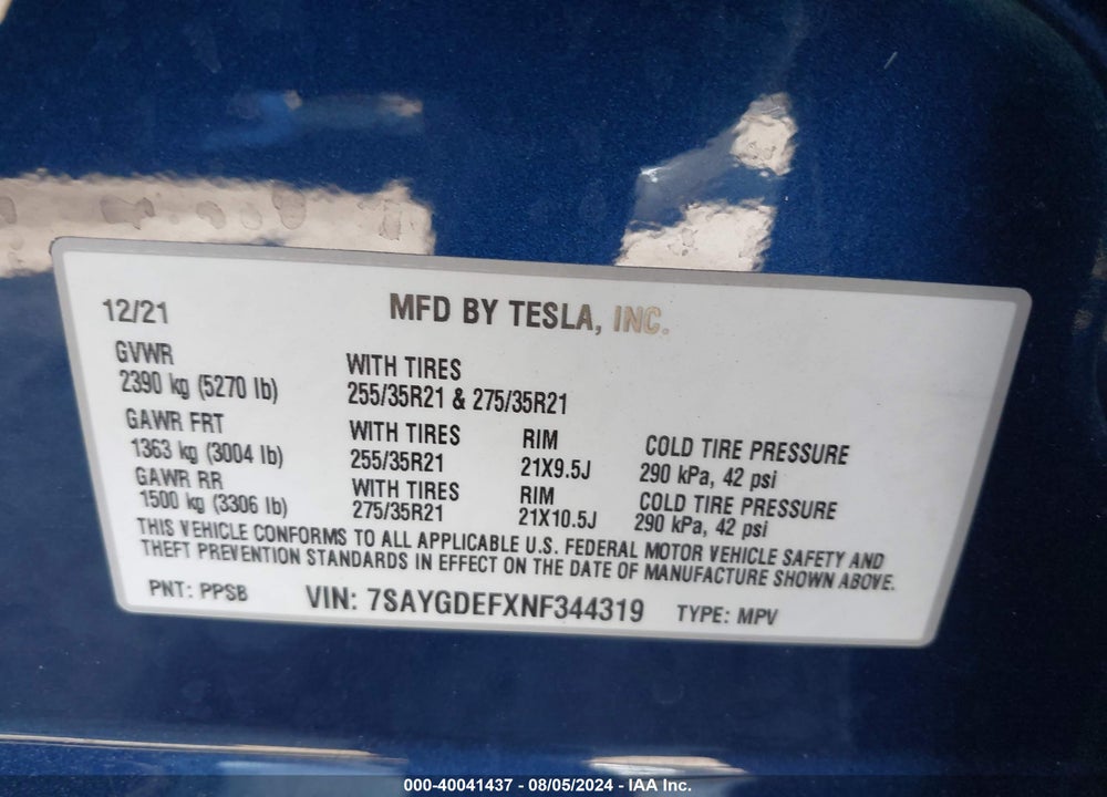 2021 TESLA MODEL Y LONG RANGE DUAL MOTOR ALL-WHEEL DRIVE VIN: 5YJYGDEEXMF192397