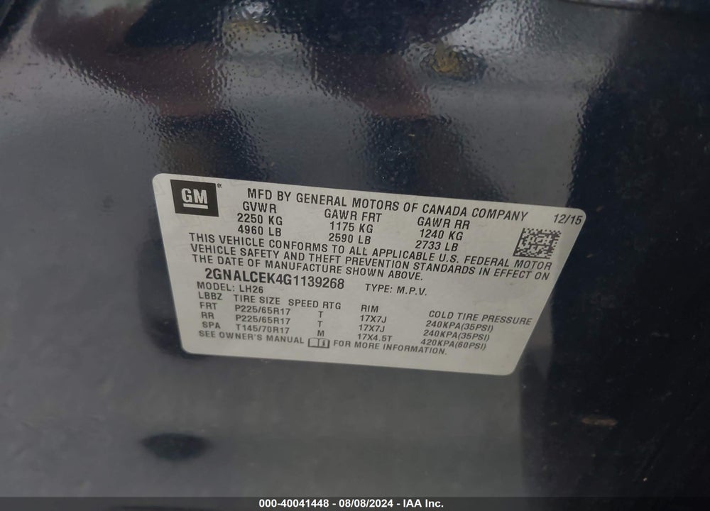 2016 CHEVROLET EQUINOX LT VIN: 2GNALCEK4G1139268