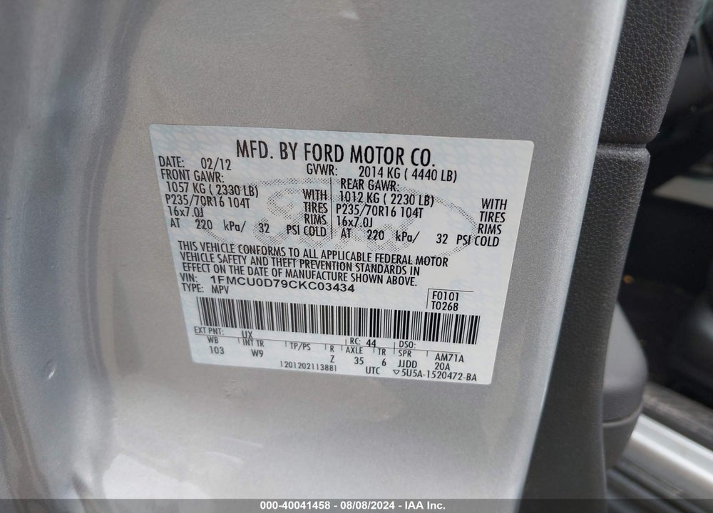 2012 FORD ESCAPE XLT VIN: 1FMCU0D79CKC03434