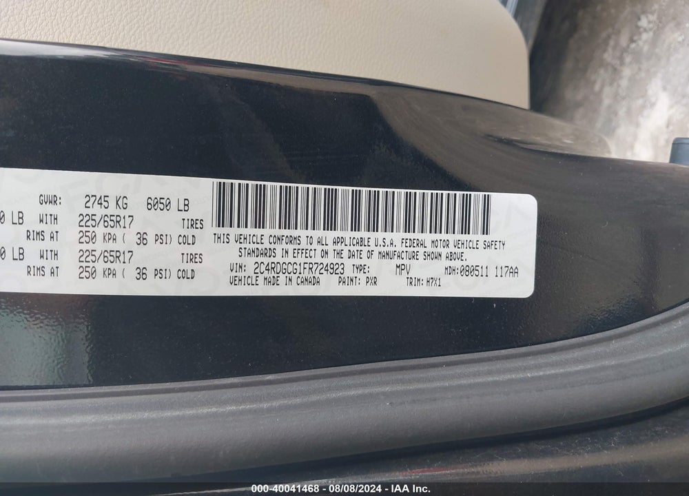 2015 DODGE GRAND CARAVAN SXT VIN: 2C4RDGCG1FR724923