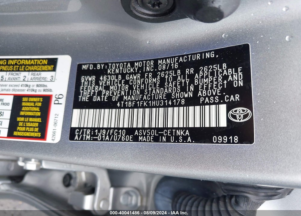 2017 TOYOTA CAMRY LE VIN: 4T1BF1FK1HU314178