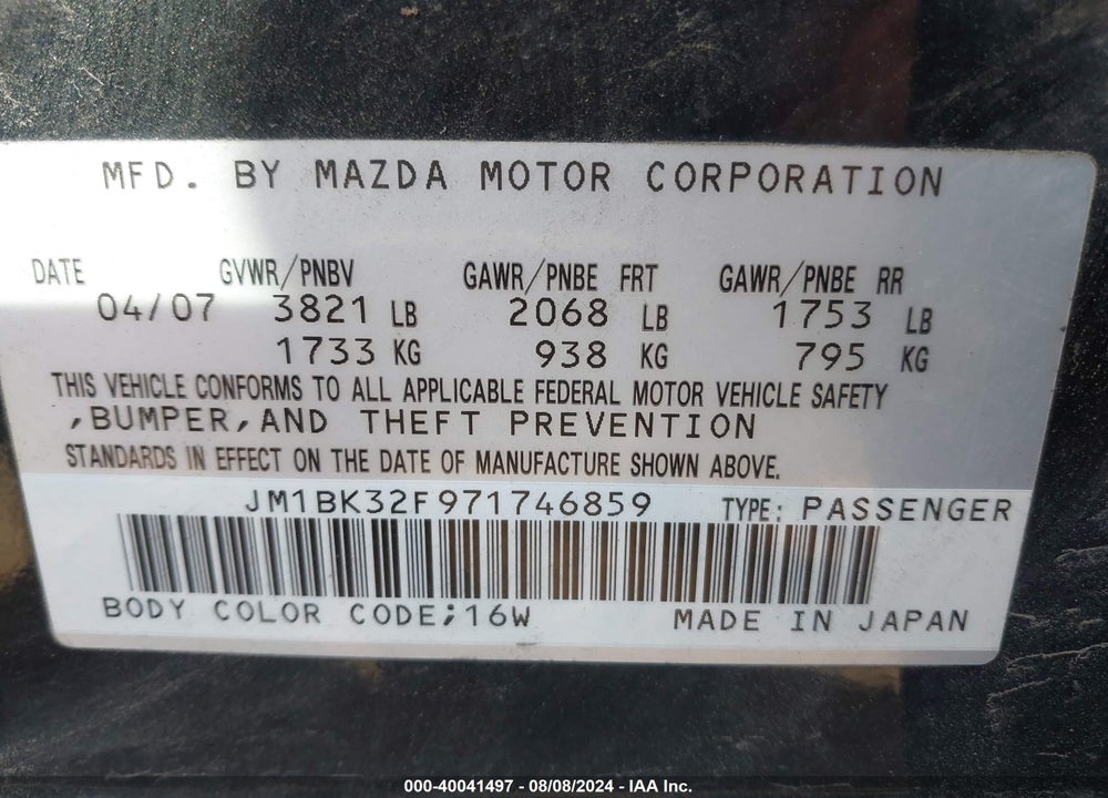 2007 MAZDA 3 I VIN: JM1BK32F971746859