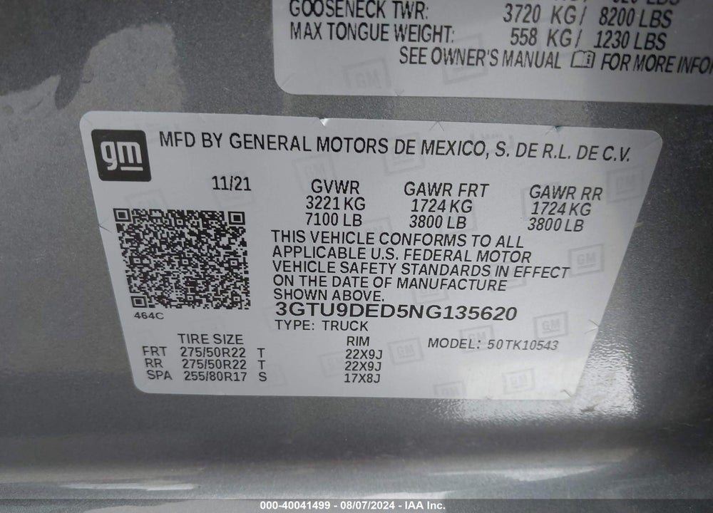 2022 GMC SIERRA 1500 LIMITED 4WD SHORT BOX SLT VIN: 3GTU9DED5NG135620