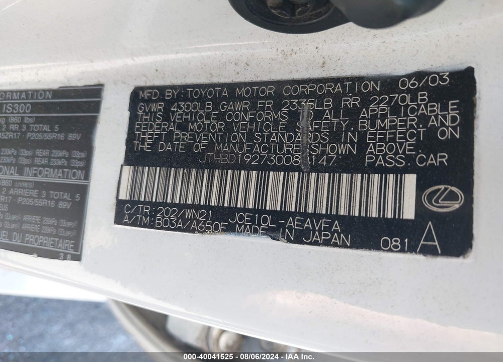 2003 LEXUS IS 300 VIN: JTHBD192730080147