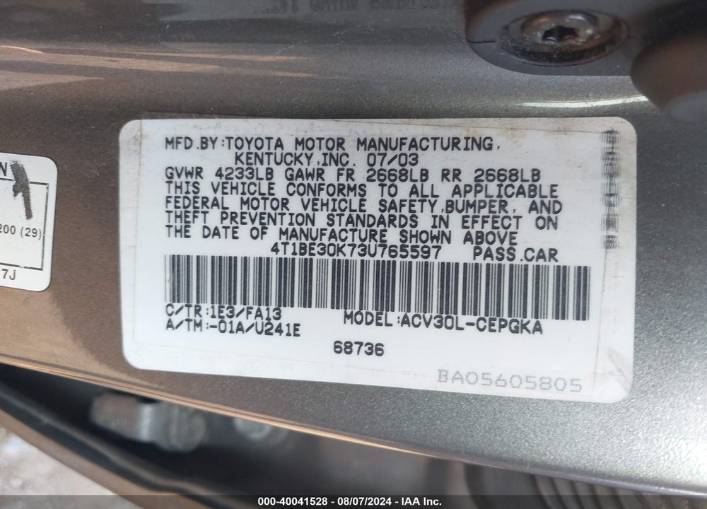 2003 TOYOTA CAMRY XLE VIN: 4T1BE30K73U765597
