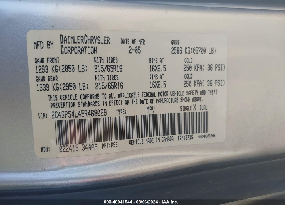 2005 CHRYSLER TOWN & COUNTRY TOURING VIN: 2C4GP54L45R468029