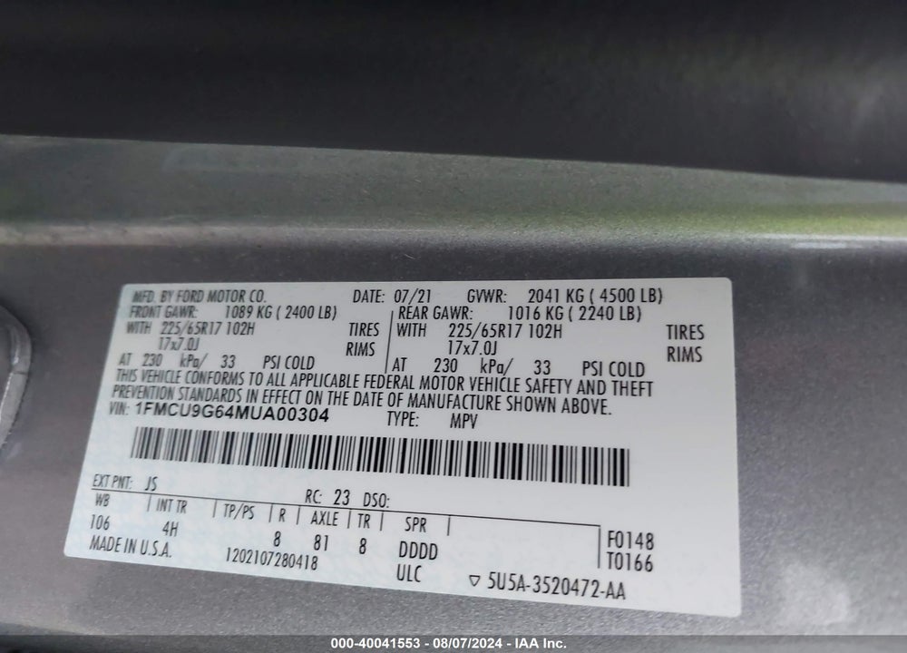 2021 FORD ESCAPE SE VIN: 1FMCU9G64MUA00304