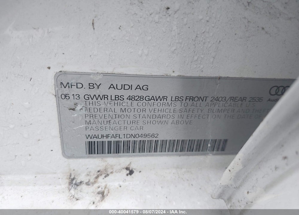 2013 AUDI A4 VIN: WAUHFAFL1DN049562