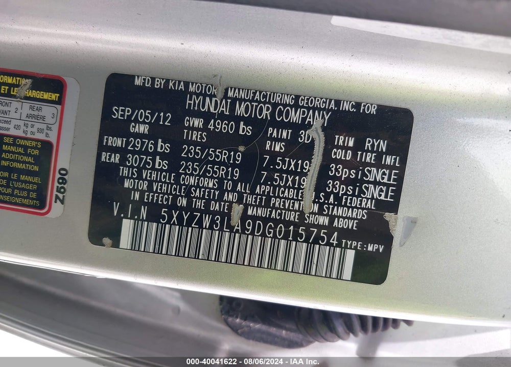 2013 HYUNDAI SANTA FE VIN: 5XYZW3LA9DG015754