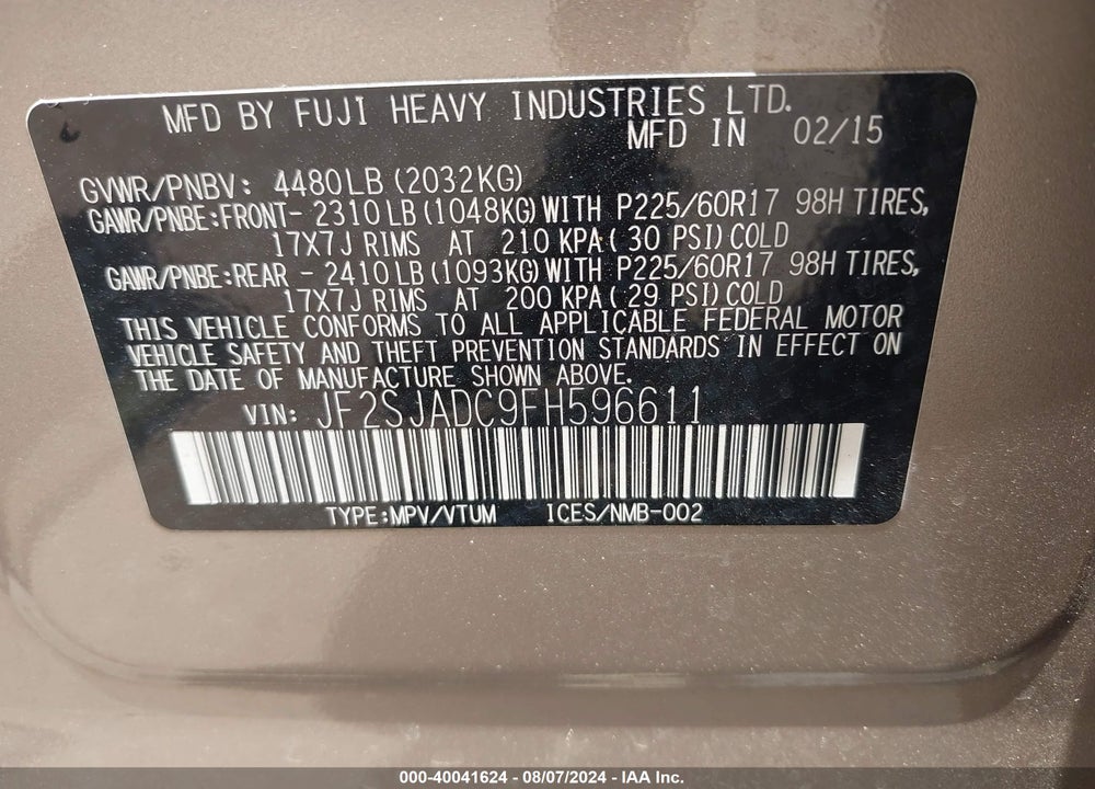 2015 SUBARU FORESTER 2.5I PREMIUM VIN: JF2SJADC9FH596611