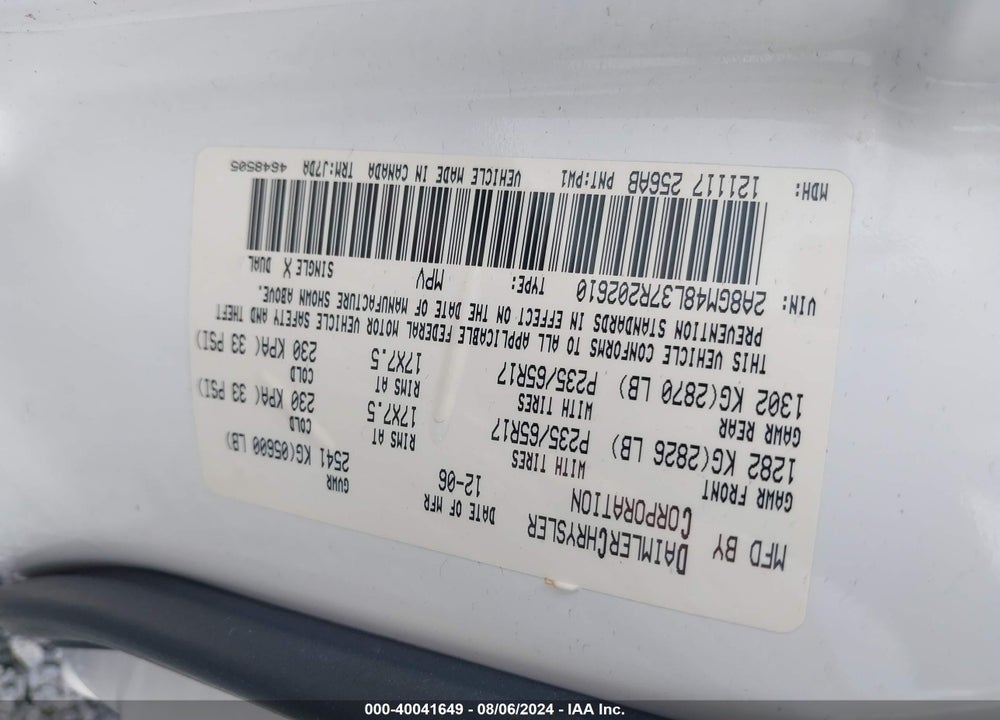 2007 CHRYSLER PACIFICA VIN: 2A8GM48L37R202610