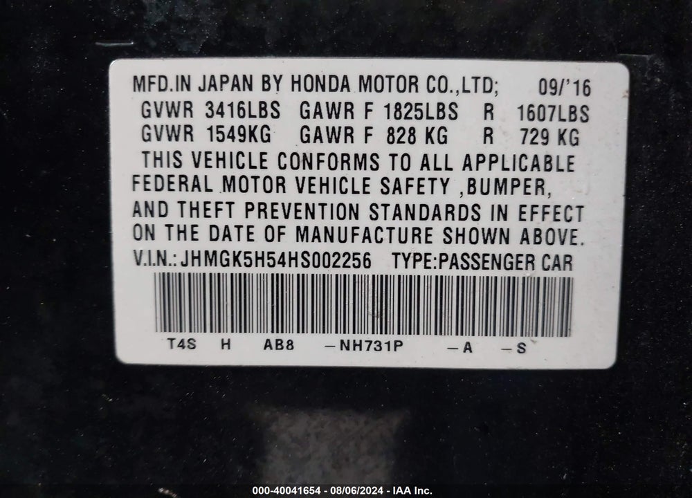 2017 HONDA FIT LX VIN: JHMGK5H54HS002256