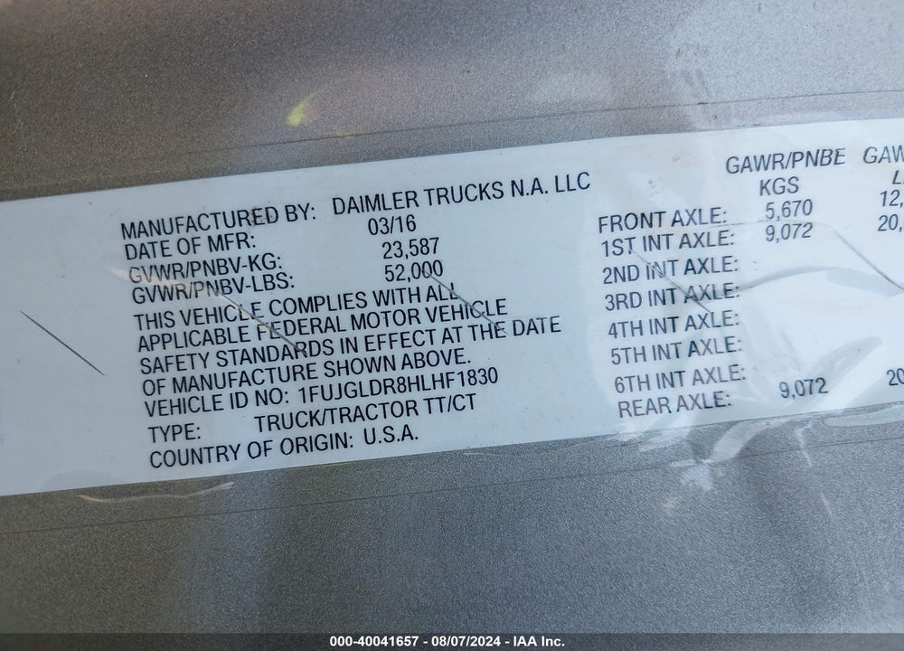 2017 FREIGHTLINER CASCADIA 125 VIN: 1FUJGLDR8HLHF1830
