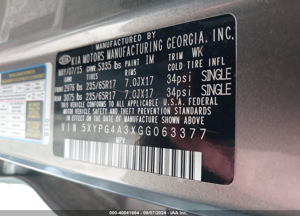 2016 KIA SORENTO 2.4L LX VIN: 5XYPG4A3XGG063377
