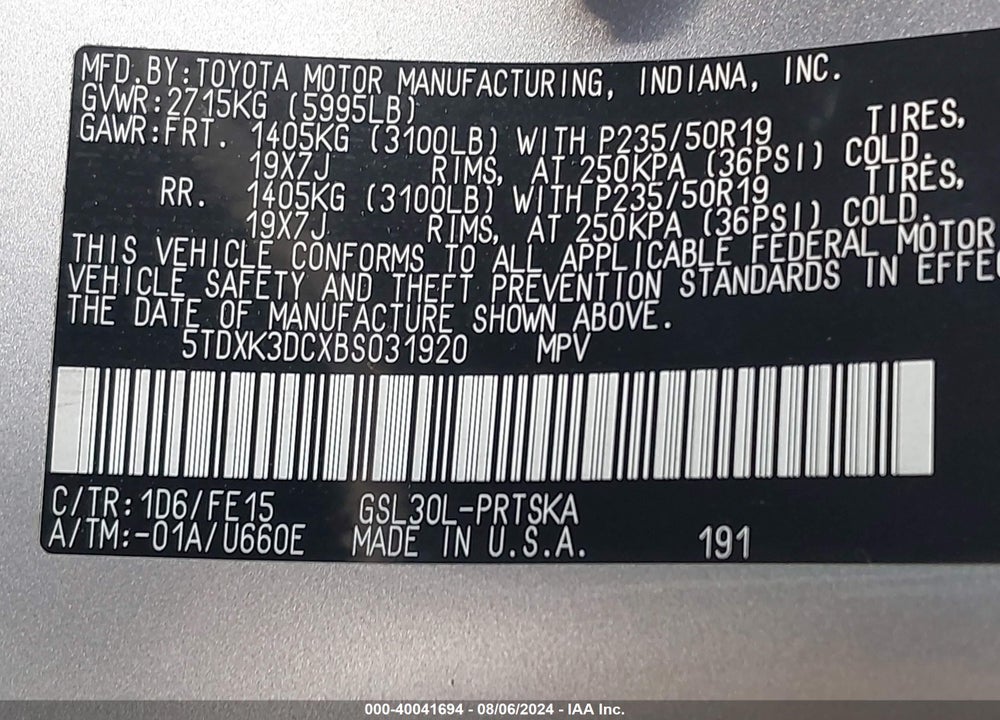 2011 TOYOTA SIENNA SE VIN: 5TDXK3DCXBS031920