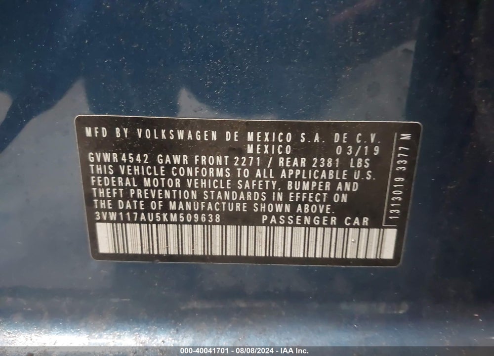 2019 VOLKSWAGEN GOLF SPORTWAGEN 1.8T S VIN: 3VW117AU5KM509638