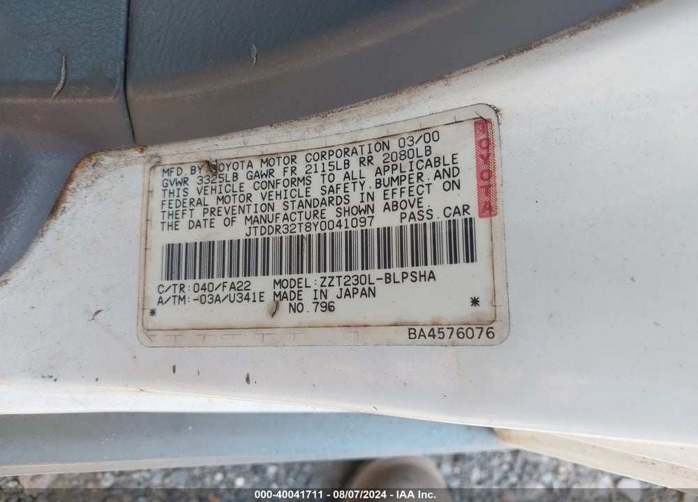 2000 TOYOTA CELICA VIN: JTDDR32T8Y0041097