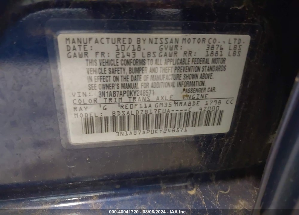 2019 NISSAN SENTRA SV VIN: 3N1AB7AP0KY248571