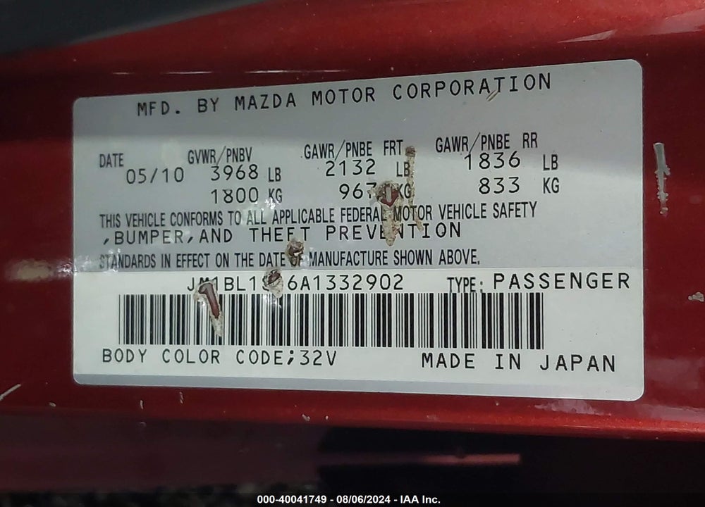 2010 MAZDA 3 I TOURING VIN: JM1BL1SF6A1332902