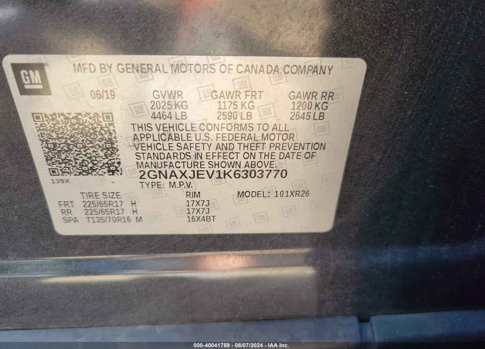 2019 CHEVROLET EQUINOX LT VIN: 2GNAXJEV1K6303770