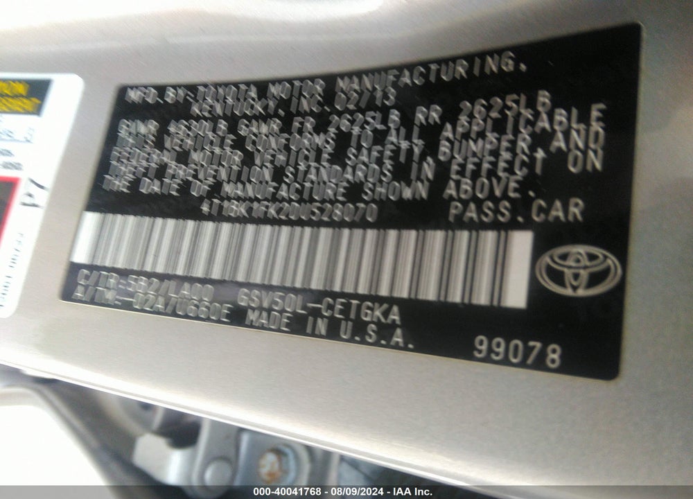 2013 TOYOTA CAMRY XLE V6 VIN: 4T1BK1FK2DU528070
