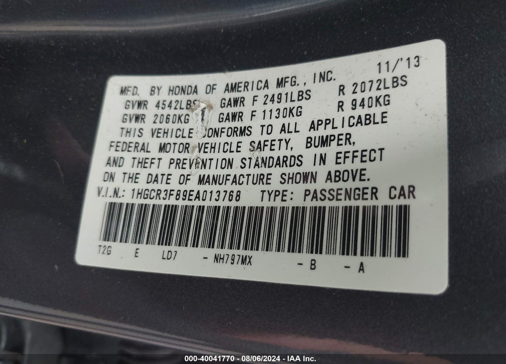 2014 HONDA ACCORD EX-L V-6 VIN: 1HGCR3F89EA013768