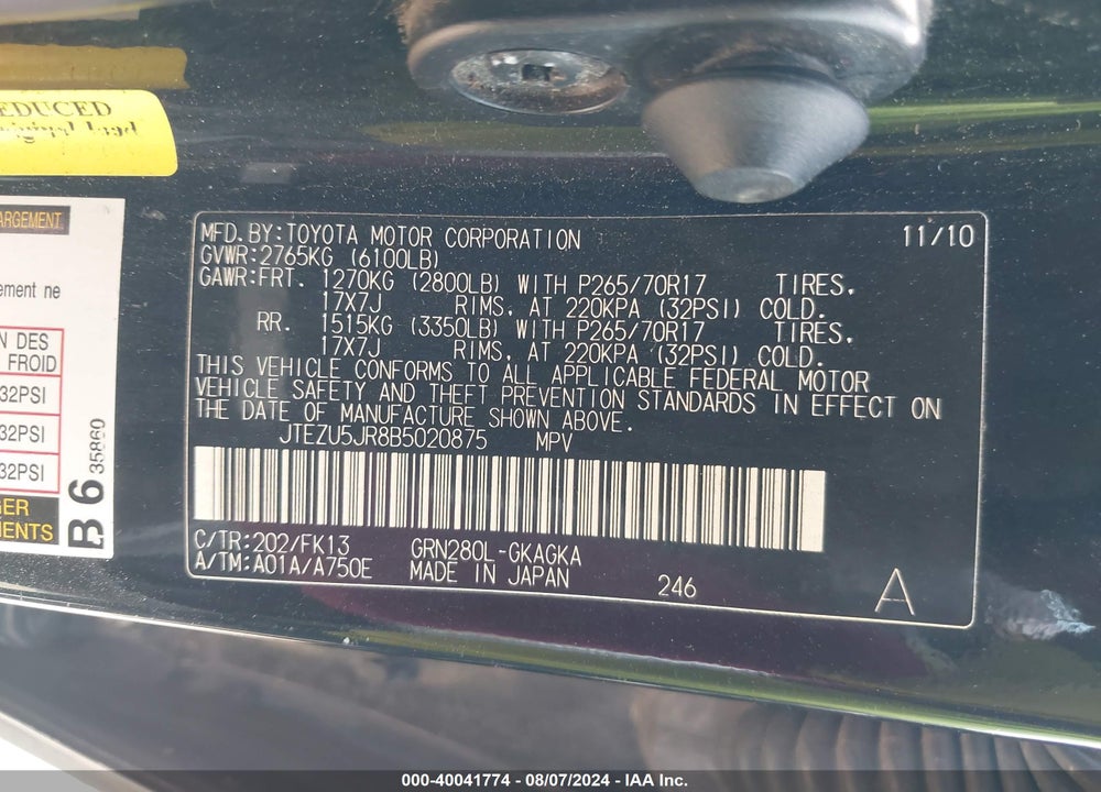 2011 TOYOTA 4RUNNER SR5 V6 VIN: JTEZU5JR8B5020875