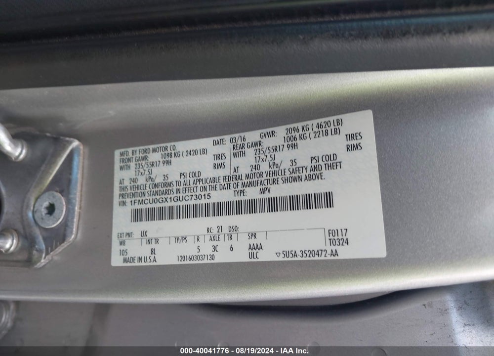 2016 FORD ESCAPE SE VIN: 1FMCU0GX1GUC73015
