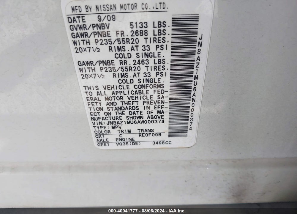 2010 NISSAN MURANO LE VIN: JN8AZ1MU6AW000374