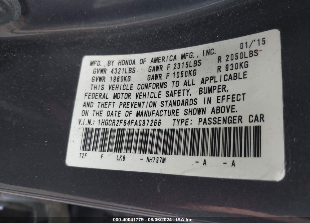 2015 HONDA ACCORD EX-L VIN: 1HGCR2F84FA097266