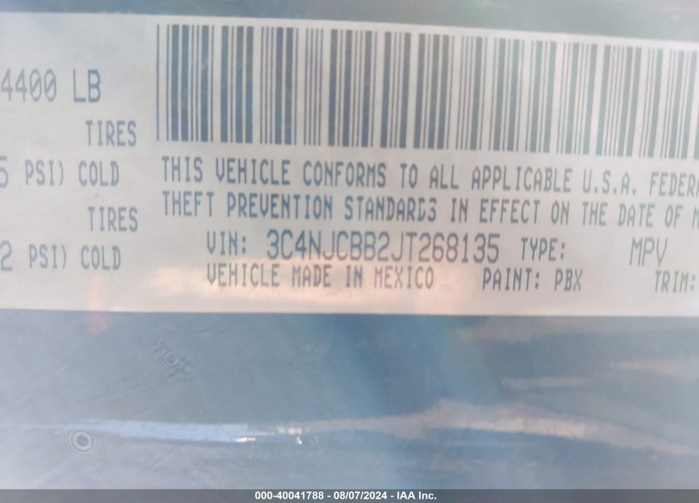 2018 JEEP COMPASS LATITUDE FWD VIN: 3C4NJCBB2JT268135