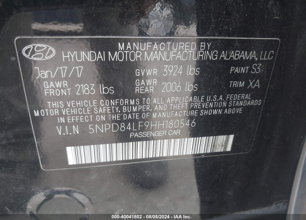 2017 HYUNDAI ELANTRA VIN: 5NPD84LF9HH180546